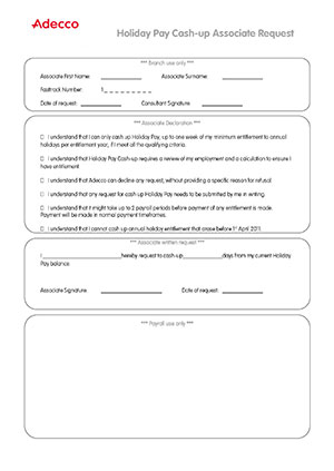 Holiday Pay Cash Up Request form candidate